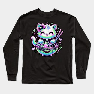 Pastel Goth Kawaii Cat Eating Bowl of Ramen Neon Blacklight Long Sleeve T-Shirt